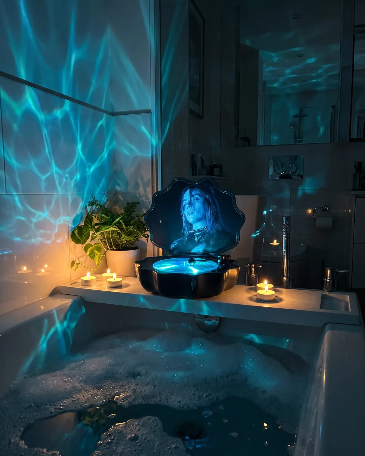 Billie Glow shell speaker projecting ocean waves on bathroom tiles